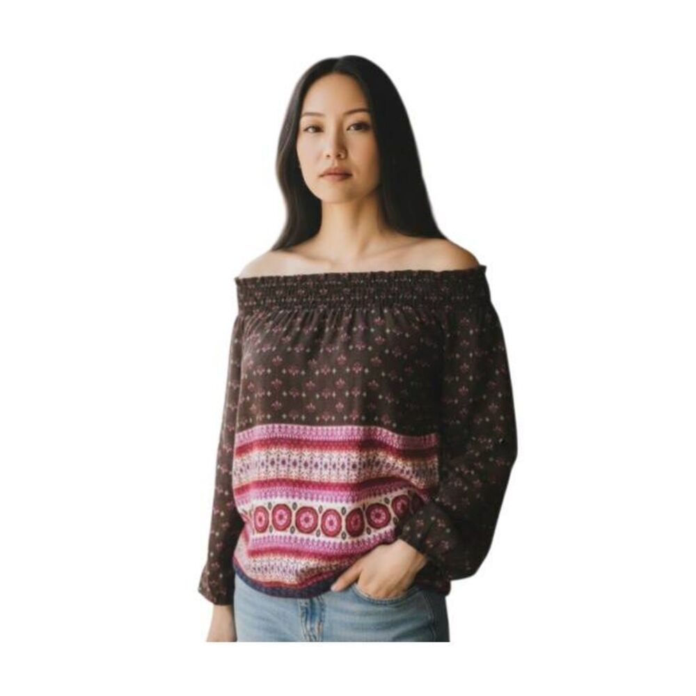 JAPNA BLACK, RED, WHITE, & BLUE BOHO-INSPIRED OFF-THE-SHOULDER TOP SZ.M EUC.
